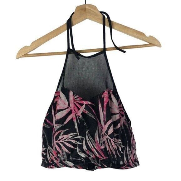 Freya Black & Pink Palm Floral Halter Swim Top 34H - Picture 3 of 5